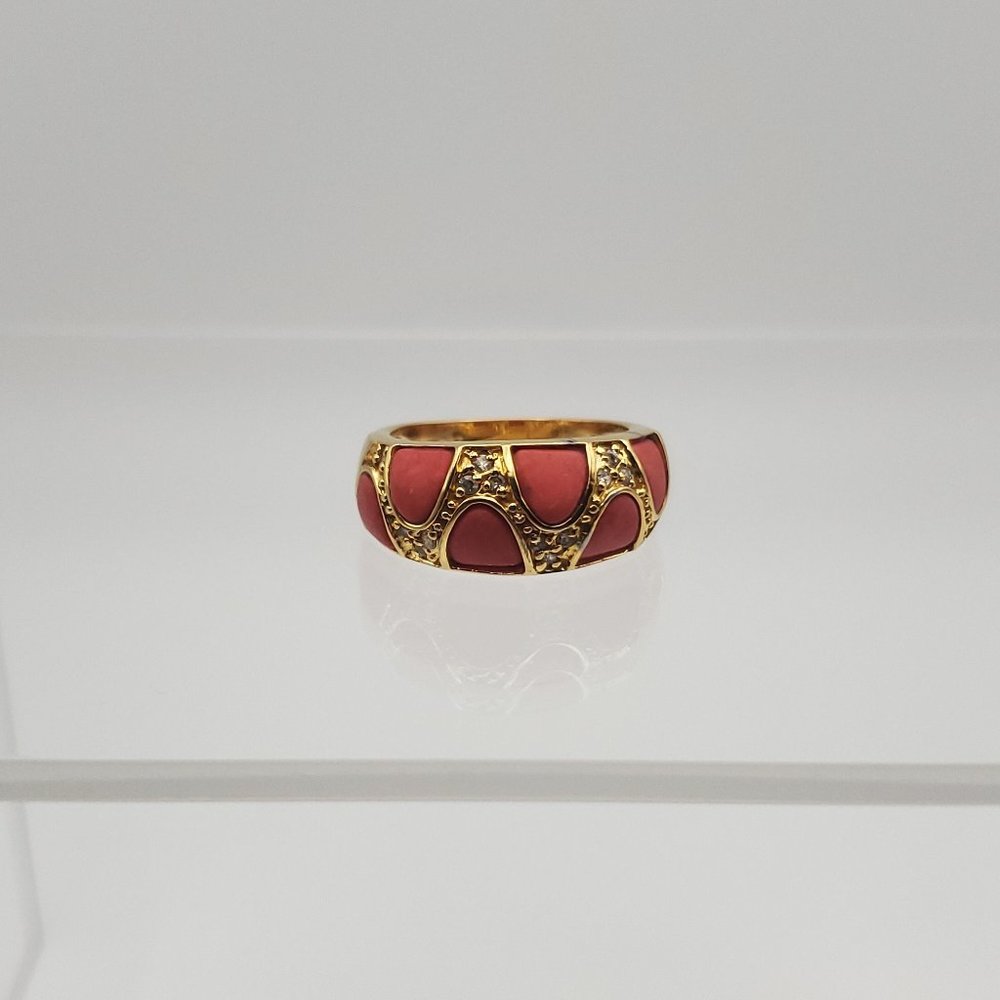 Size 7 Gold Over 925 Sterling Silver Red Shell And Clear CZ Gems Ring